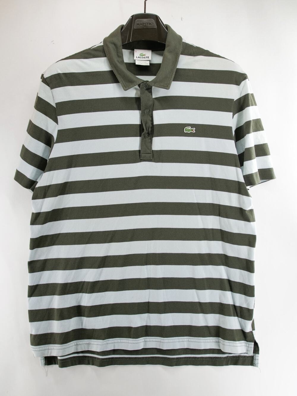 Lacoste Men's XL Olive Green Pale Blue Striped Polo Shirt Short Sleeve Casual